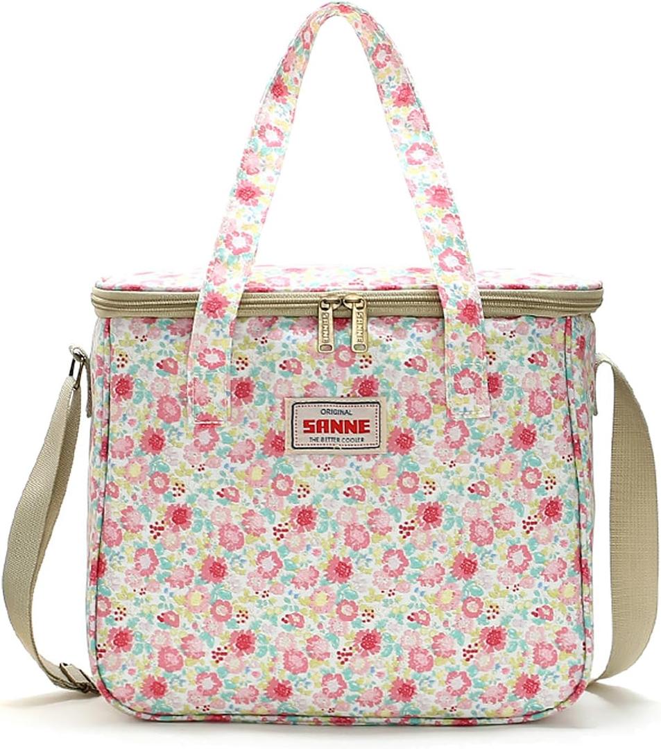 Lisianthus Floral Cute Lunch Bag for Women, Adult Reusable Lunch Box, Large Capacity Lunch Tote with Adjustable Shoulder Strap Floral-Pink