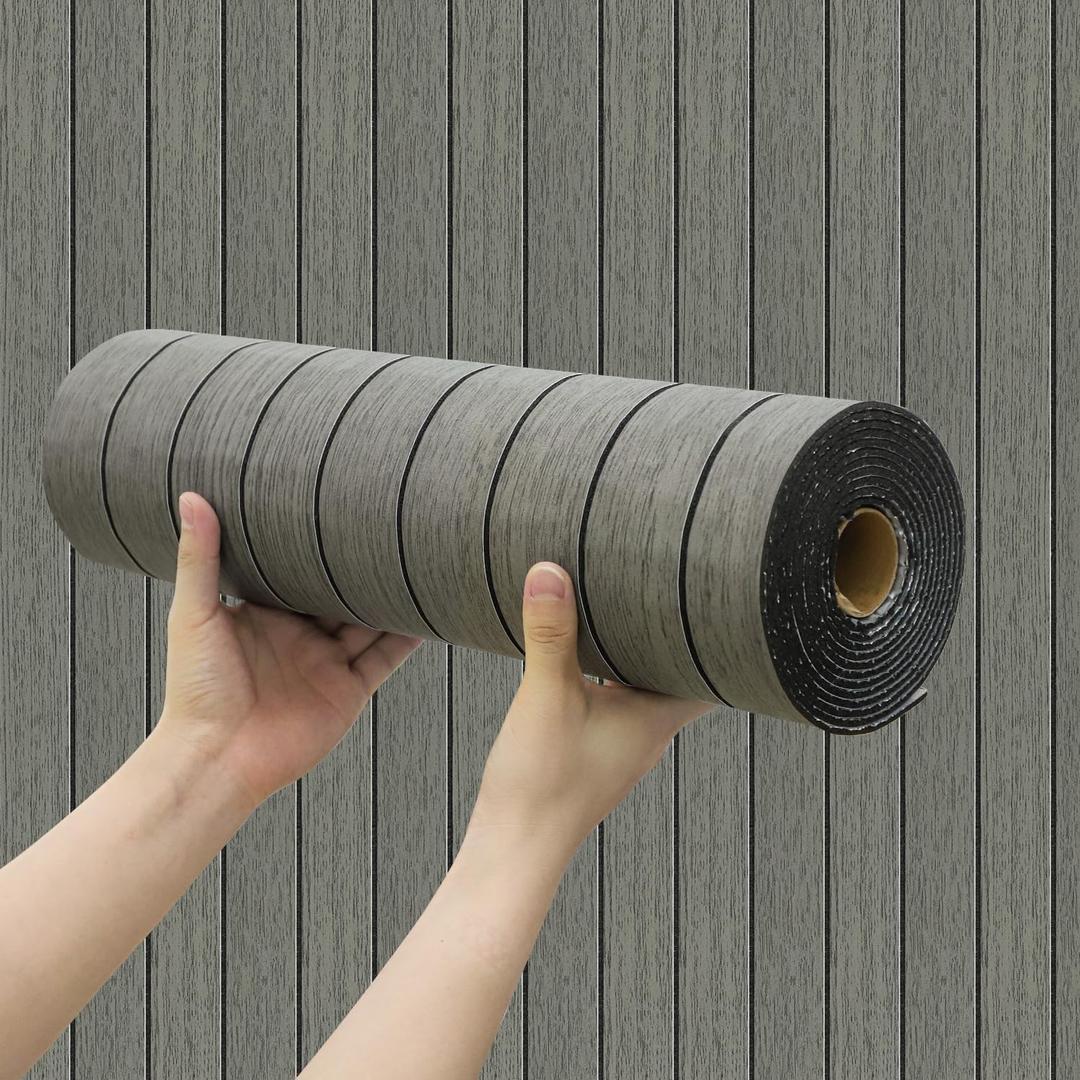 Wood Slat Peel and Stick 3D Wall Panel -15.75"x118"Soundproof Self-Adhesive Wall Sticker, Removable Thick PVC Slat Contact Paper for Kitchen, Bedroom,Ceiling Wall Decoration(Dark Gray,13Sq.ft)