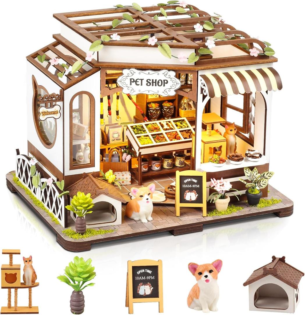 DIY Miniature House Kit,Tiny House Pet Shop with Furniture & LED,DIY Dollhouse Miniature Kit for Adults Teen,Mini House Building kit,3D Wooden Craft Mini Model Kit,Birthday Gifts Home Decor