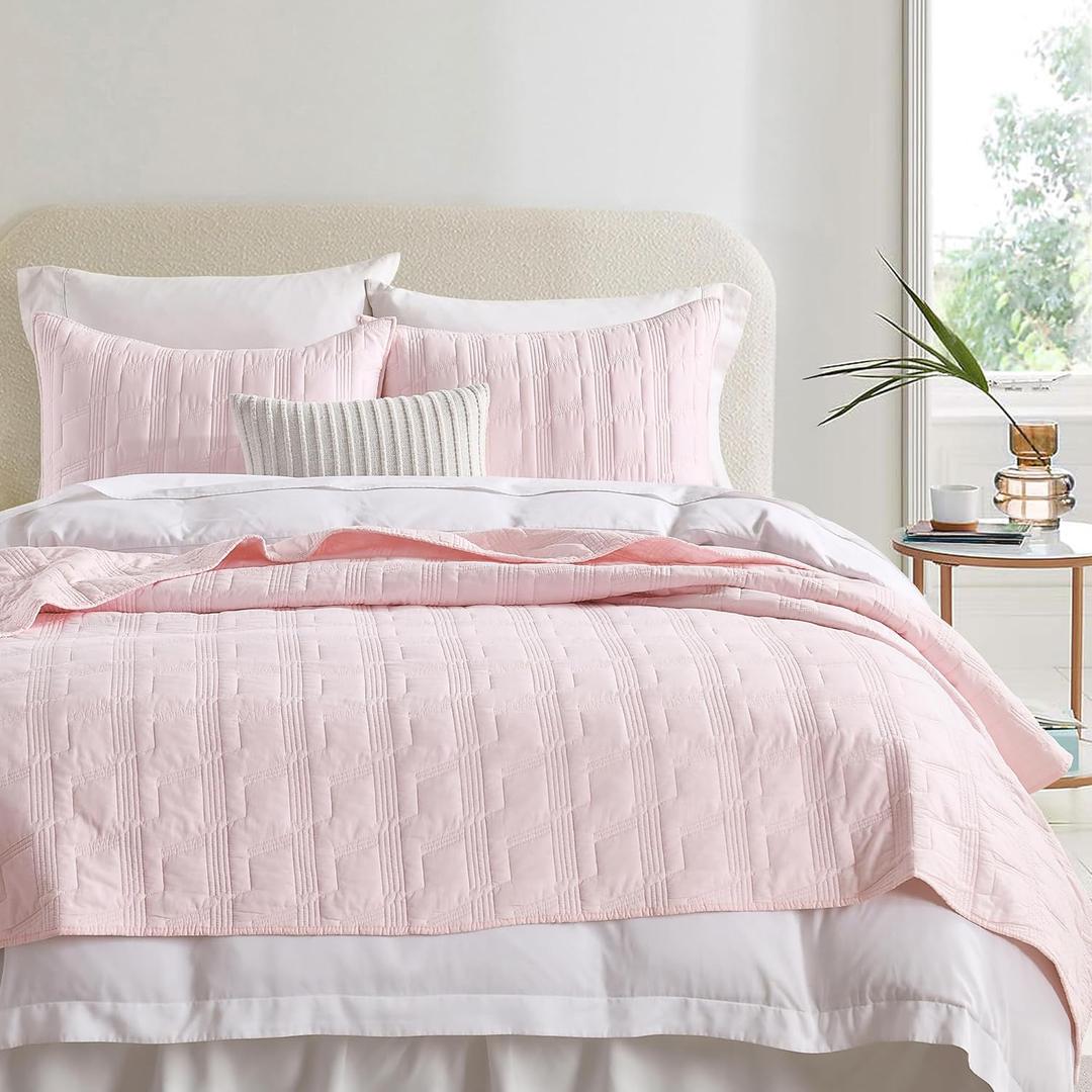 HORIMOTE HOME 100% Cotton Quilt Set Queen Size, Light Pink Pre-Washed 3-Piece Bedspread Coverlet Set, Cozy Lightweight Stitching Bedding Cover with 2 Shams in Geometric Pattern for All Season
