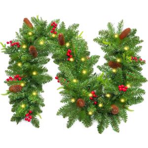 Christmas Garland with Lights, 6 Ft Real Touch Winter Pine Garland, Green Artificial Greenery Garland for Table, Stairs, Door, Christmas Decor for Home Wedding Fireplace Party