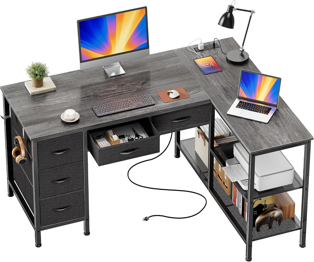 PRAISUN 47 Inch L Shaped Desk with Power Outlets, 5 Fabric Drawers
