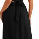 Womens Halter Neck Deep V-Neck Midi Dress with Built-in Bra Pockets Backless Tie Waist Sleeveless A-Line Dresses (Black)