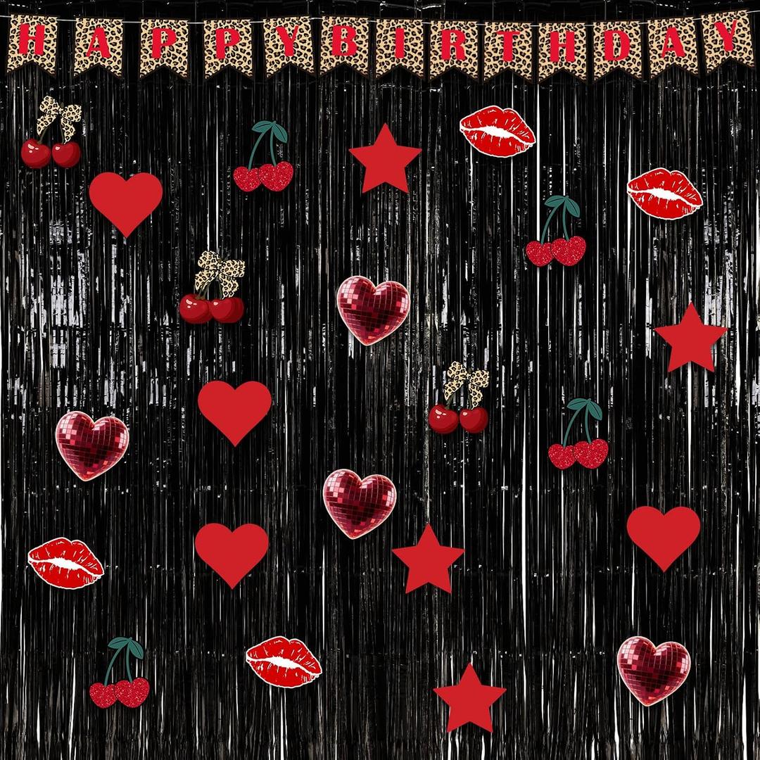 2 x Epakh 39 Pcs Cheetah Cherry Birthday Party Decorations Includes 24 Pieces Paper Cards Decor 13 Pcs Happy Birthday Banner 2 Foil Fringe Curtain Backdrop for Photo Prop Themed Party Supplies