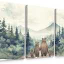 Nursery Animal Wall Art Woodland Bear Wall Decor Wild Forest Animals Canvas Pictures Baby Nursery Woodland Poster Watercolor Forest Painting Family of Four for Boy Kids Bedroom 16x24x3 Inch Framed