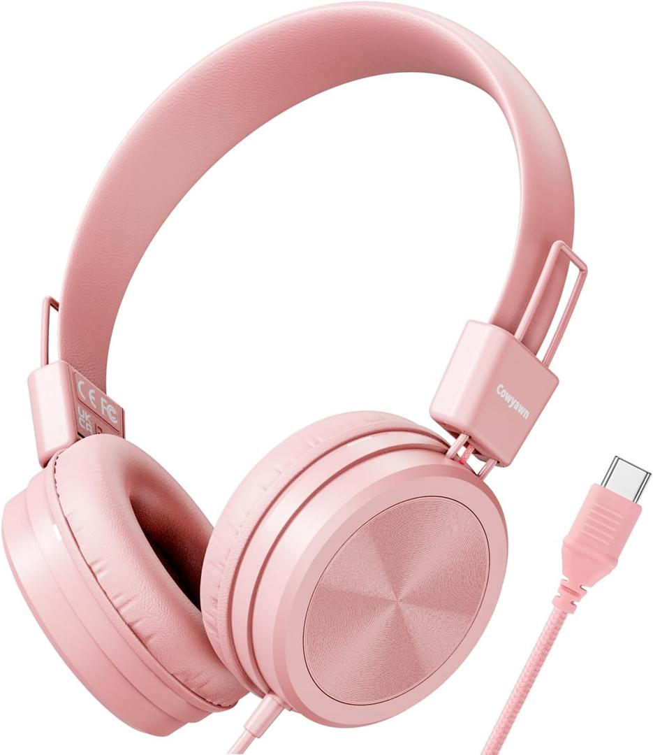 USB Type C Kids Headphones for School, 94dB Volume Limited, Kids Headphones with USB C Cord, HD Stereo Sound, Foldable Lightweight On-Ear USB-C Wired Headphones for Boys/Girls, Light Pink