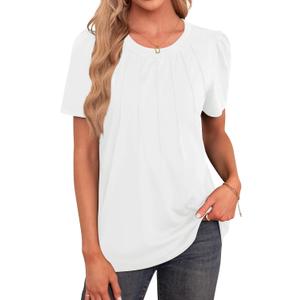 Agnes Urban Womens Tops Dressy Casual Short Sleeve Shirts Summer Loose T Shirts Trendy Tops Pleated Tunic Blouses (White, XL)