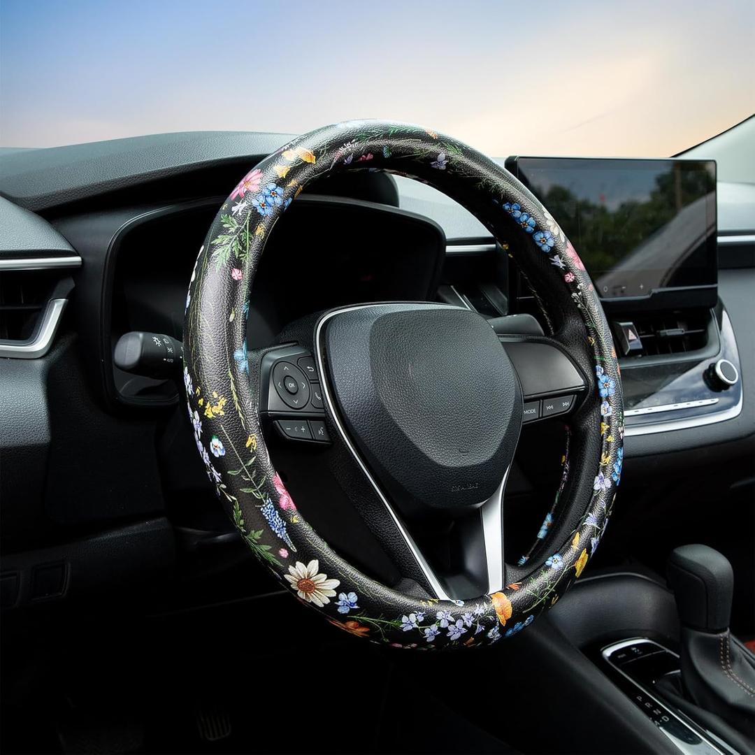 Multicolor Wildflower Steering Wheel Cover Auto Jacquard Steering Wheel Protector, Anti-Slip, Breathable, Absorbing Sweat, Universal Car Accessories 14.515 inch,Fit for Most Car, Trucks, SUV