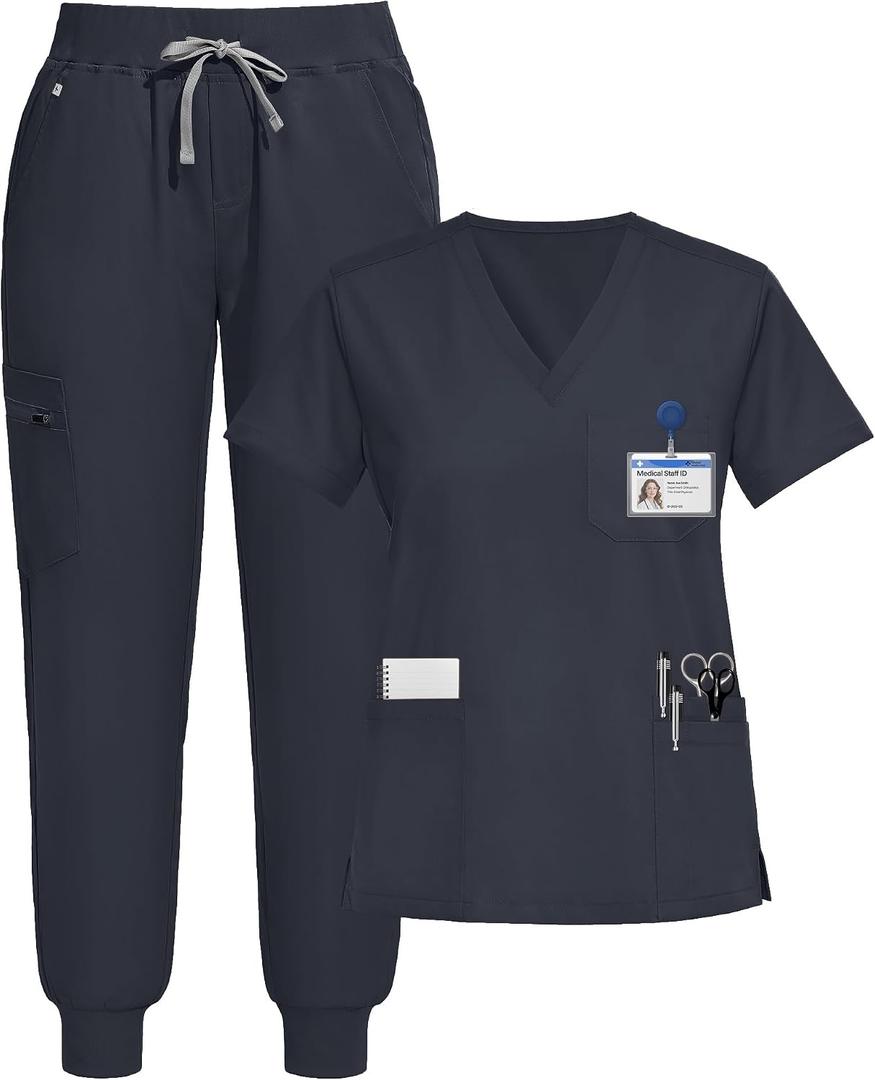 Scrubs for Women Set, Stretchy V-Neck Top & Jogger Pants with Multi-Pocket Yoga Waistband, XL