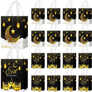 Locmeo 24 Pcs Eid Mubarak Reusable Gift Bags with Handles Non Woven Al Fitr Muslim Treat Bags Multifunctional Ramadan Mubarak Gift Bag for Party Supplies Gifts Wrapping (Black)