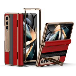 for Samsung Galaxy Z Fold 4 Phone Case [Luxury Premier Genuine Leather][Full Body Hinge Protection][Built-in Screen Protector][Kickstand Drop Proof Protective Cover] for Z Fold4 (Red)