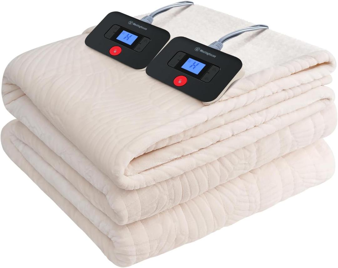 Westinghouse Electric Blanket Queen, Flower Jacquard Heated Blanket Queen Size with 10 Heating Levels and 1-12 Hours Auto-Off, Flannel to Sherpa Reversible, Machine Washable (84" x 90", Beige)
