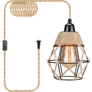 Plug in Pendant Light, Industrial Hanging Light with Plug in Cord, Hemp Rope On/Off Switch Farmhouse Pendant Light, Hanging Lamps for Dining Room (Beige)