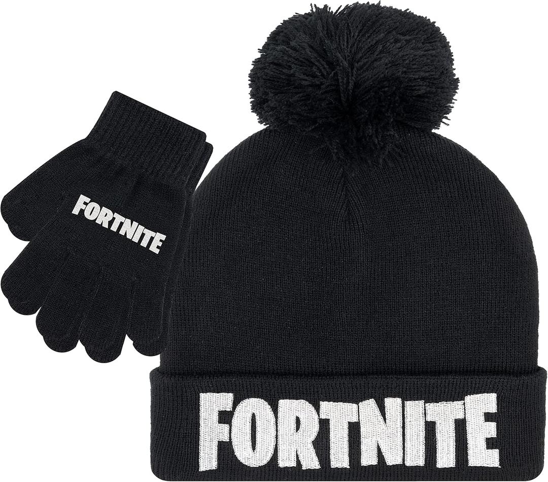 Fortnite Boys Winter Beanie Hat and Snow Gloves for Boys 2 Piece Set (5-13 Years, Black Silver)