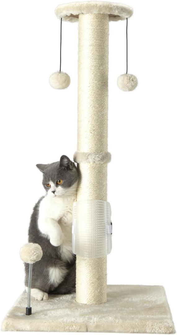 PEEKAB 32" Tall Cat Scratching Post Sisal Rope Scratch Posts with Hanging Ball and Self-Massage Brush Vertical Scratcher for Indoor Cats and Kittens (Beige 32inches)