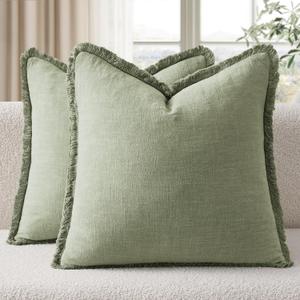 EMEMA Linen Fringe Throw Pillow Covers Set of 2 Boho Farmhouse Accent Decorative Pillowcase with Tassels for Couch Sofa Bed Living Room Home Decor 24x24 Inch,Sage Green
