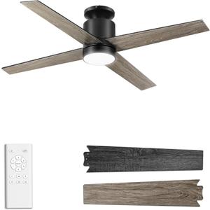 Ceiling Fans with Lights Flush Mount, 52 Inch Low Profile Ceiling Fan with Light, 4 Blades, 6 Speeds, Timer, Ceiling Fans with Lights and Remote for Bedroom Indoor(Black)