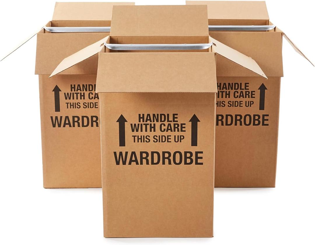 Amazon Basics Sturdy Wardrobe Moving Boxes with Hanger Bar for Packing Clothes, Easy to Assemble, With Handles, 20" x 20" x 34", Brown, 3-Pack