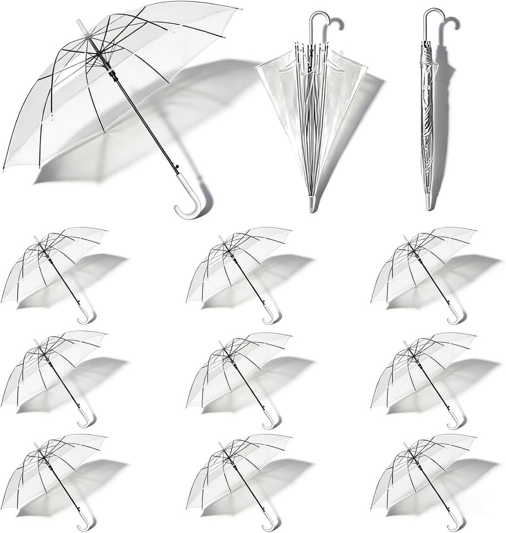 12 Pack Clear Wedding Umbrellas Bulk, Transparent Auto Open Stick Umbrellas, Windproof Waterproof Rain Umbrella with White J Hook Handle, Large Clear Umbrella for Wedding Souvenirs Bride Groom Photography Golf Outdoor
