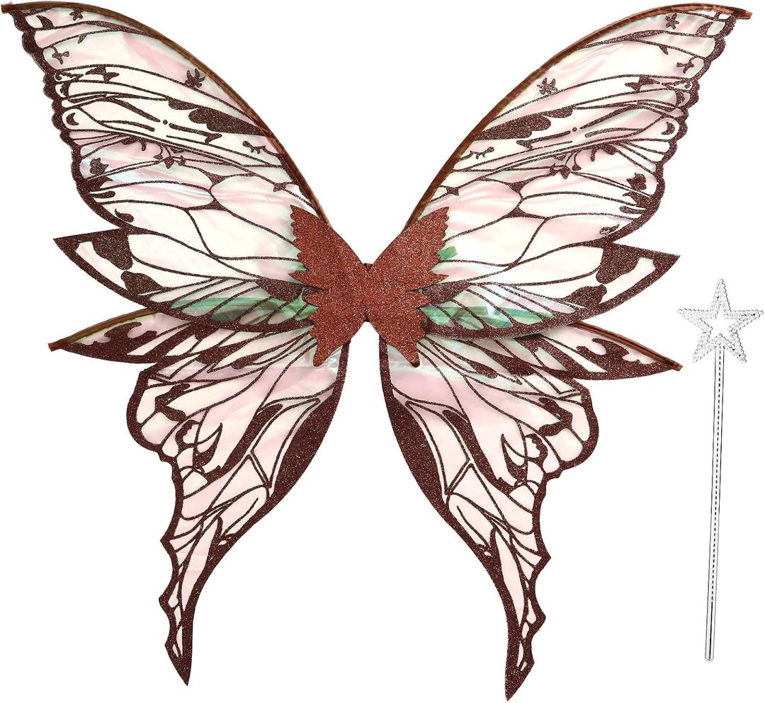 Fairy Wings for Adults Women 31.5"x29.5" Fairy Costume Set Large Butterfly Wings for Halloween Party (Brown)