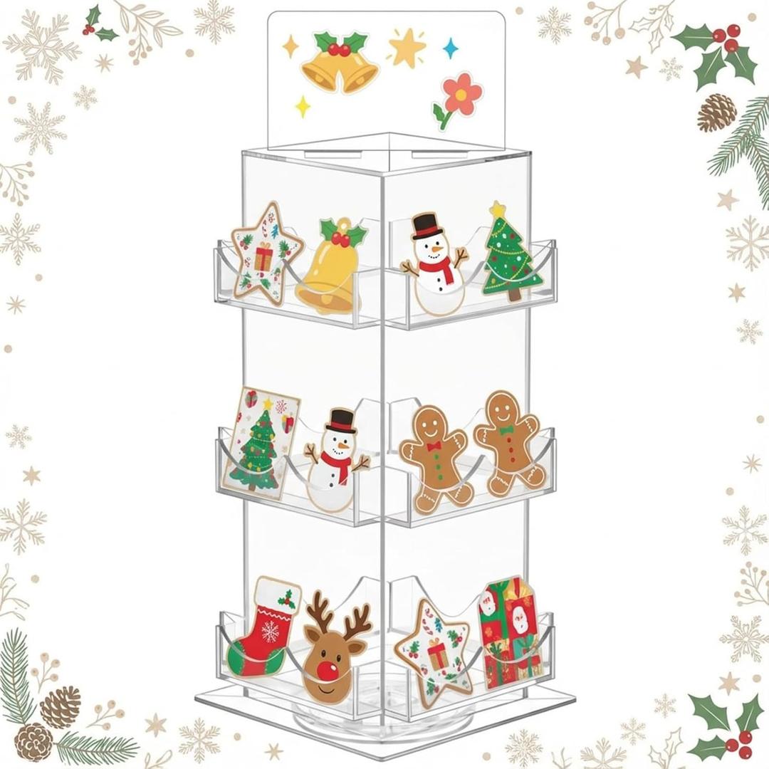 Marsui 3 Tier Rotating Sticker Display Stand, 4 Sided Sticker Holder, 360 Rotating No Assembly Required Clear Acrylic for Christmas Stickers, Greeting Card, Postcard(12.6 x 5.9 x 5.9 Inches)