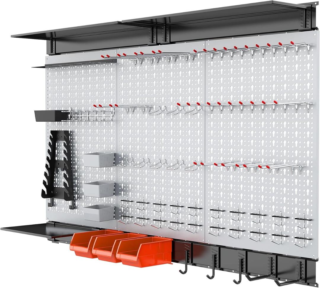 WALMANN 113 PCS Pegboard Wall Tool Organizer Kit with Pegboard Hooks, Bins, Pegboard Tools Storage System for Garage, Modular Peg Board, Tools Organizer Board with Hooks(Grey)