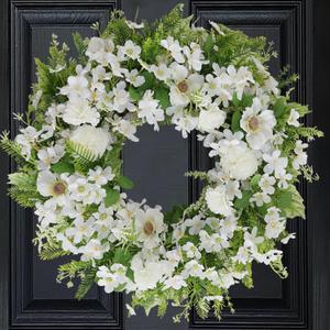 White Faux Silk Flower Spring Summer Easter Wreath 20-22" for Front Door  Anemone Daisy Tagetes Erecta Green Eucalyptus and Fern Leaves  Farmhouse Front Porch Wreath, Outdoor Indoor Use