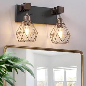 Farmhouse Bathroom Vanity Light Fixtures, 2-Light Wood Bathroom Light Fixtures Over Mirror, Rustic Sconces Wall Lighting with Elegant Metal Lampshade for Living Room, Bedroom, Hallway (Black Gold)