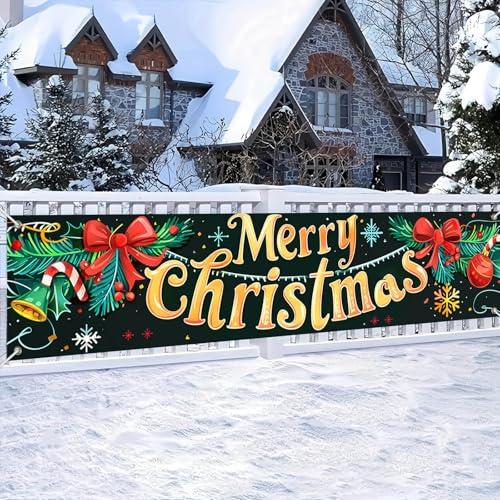 BlissYard Christmas Banner 78x17 Inch Merry Christmas Sign With Garland Bell Candy Cane Bows Holiday Fence Banner For Outdoor Christmas Decorations Porch Yard Decor