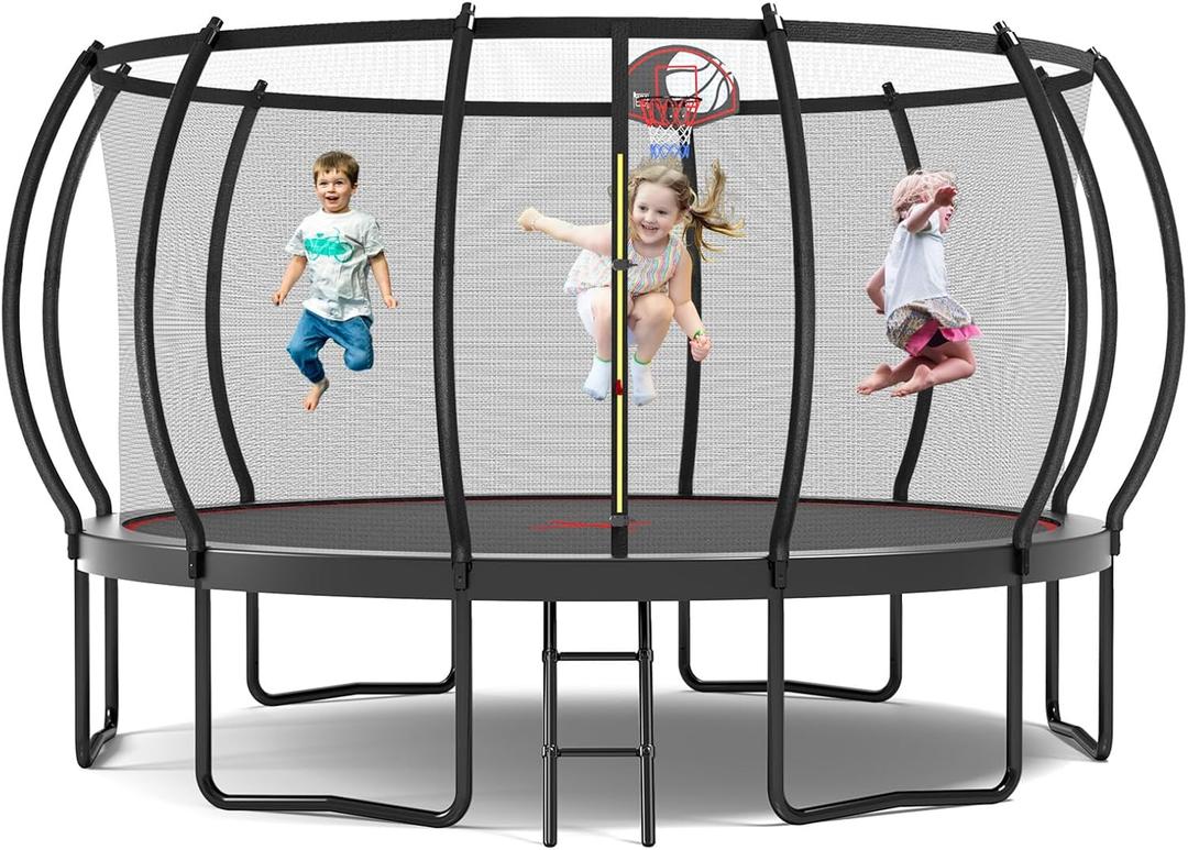 Tatub Large Trampolines Outdoor 14ft for Kids and Adults,Outdoor Recreational Pumpkin Trampolines with Curved Poles and Safety Enclosure Net, Basketball Hoop, Ladder