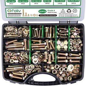 FOLIV 523PCS Grade 8 Bolts and Nuts Assortment Kit, Heavy Duty Nut and Bolt Assortment, 1/4-20 5/16-18 3/8-16 SAE Hex Bolts, Length from 1/2" to 1-1/2"