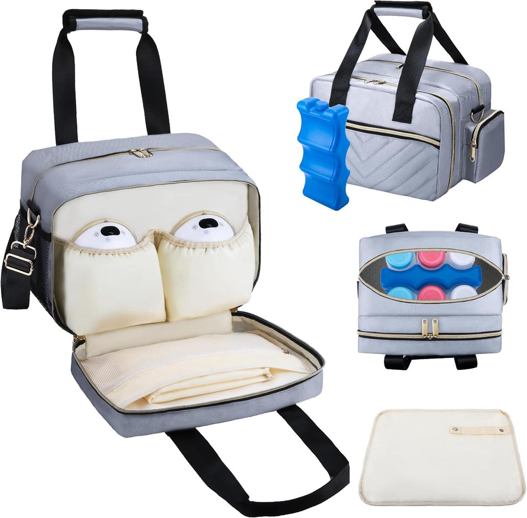 Breastmilk Cooler Bag with Ice Pack, Wearable Breast Pump Storage Bag, Insulated Bottle Travel Bag Compatible with Momcozy/Elvie/Willow, Fits 6 Baby Bottles up to 9 Ounce with Shoulder Strap, Grey