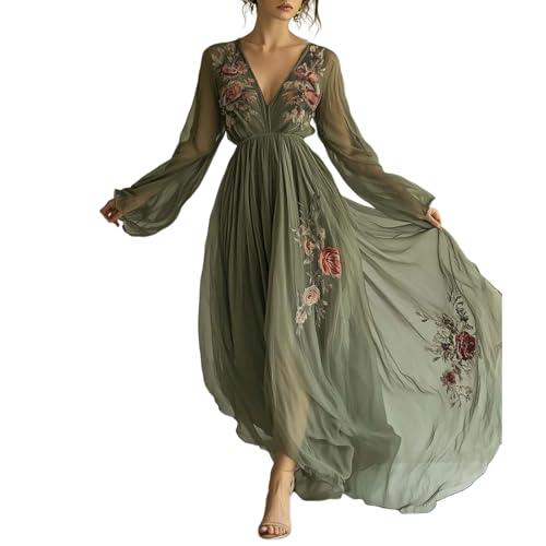 Womens Green Tulle Floral Beach Cover Up Sundresses with Belt Long Sleeves V Neck Summer Ruffle Tiered Dresses M