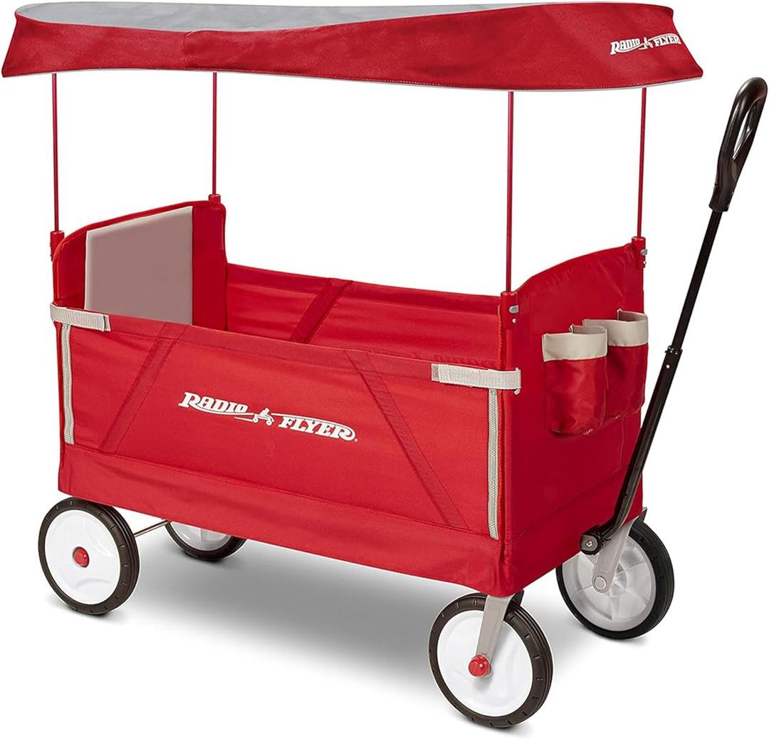 Radio Flyer 3 in 1 EZ Fold Stroller Wagon with Canopy and Adjustable Handle, Red