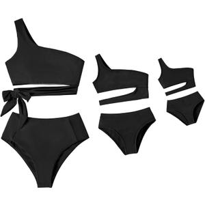 IFFEI Mommy and Me Swimsuits One Shoulder High Waisted Women Bikini Tie Cutout Two Piece Matching Outfits Swimwear (Small, Black)