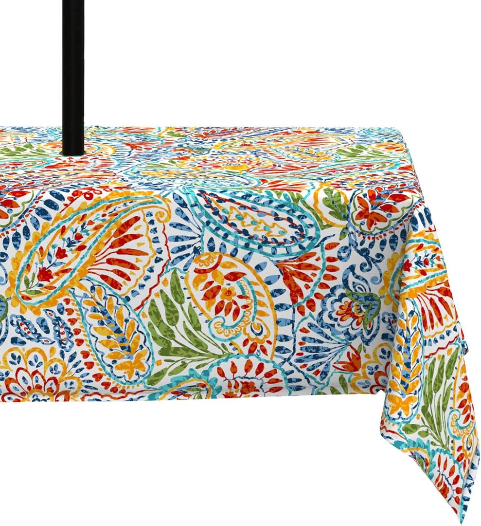 LVTXIII Outdoor Rectangle Tablecloth, Decorative Water-Repellent and Fade Resistant Table Covers with Umbrella Hole, Patio Table Cloth with Zipper for Oblong Table Use, 6084 Inch, Paisley Multi