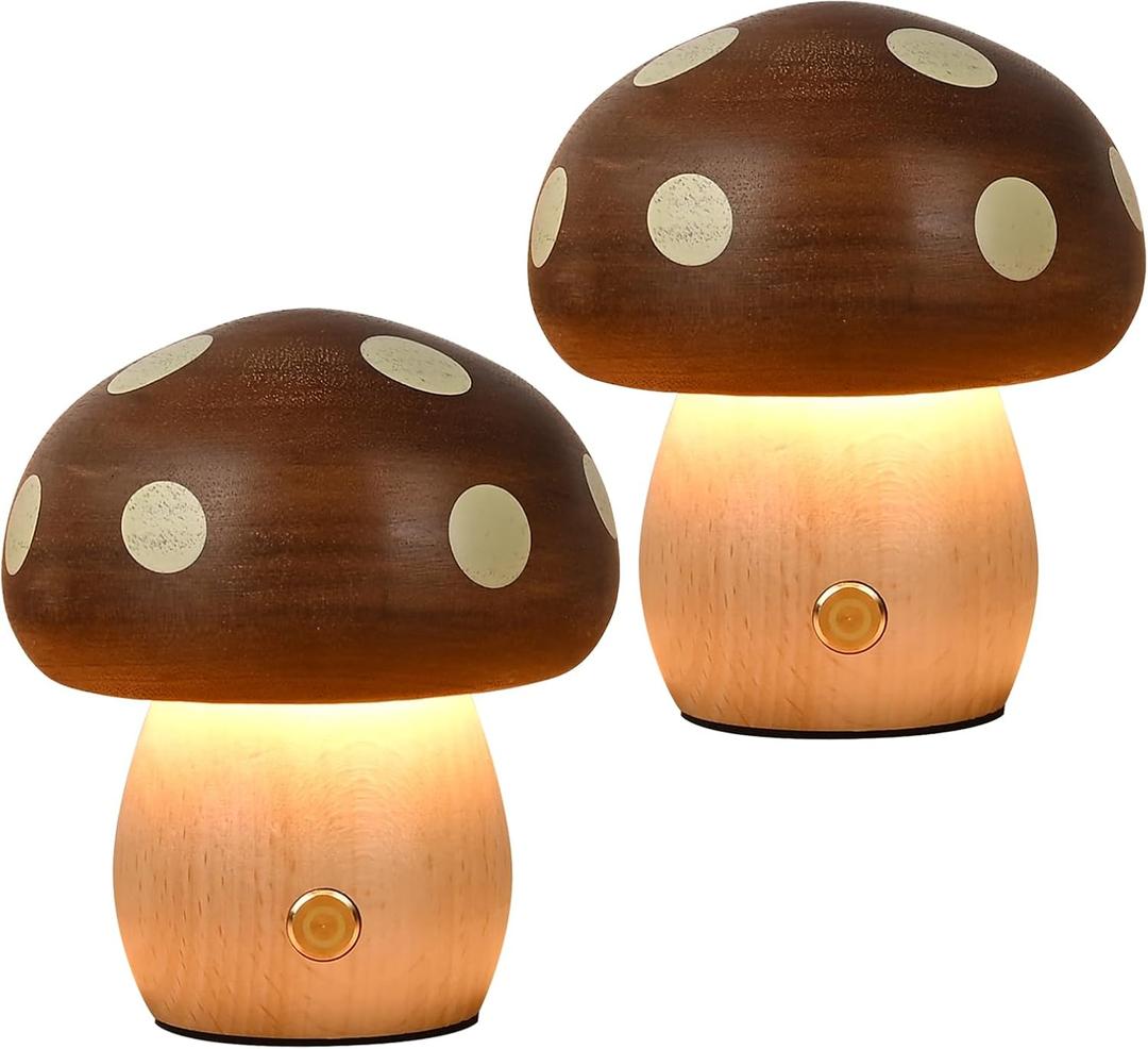 LONRISWAY 2Pack Wood Small Mushroom Table Lamp, LED Rechargeable Cordless Touch Bedside Lamps, Wireless Stepless Dimming Night Light, Portable Battery Lamp for Bedroom Nightstand for Birthday Gifts