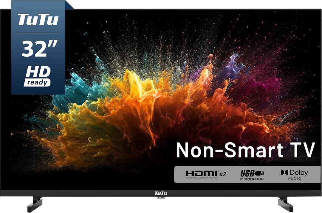 TuTu 32 Inch HD TV, 2K LED Small Flat Screen Non-Smart Television, Works with Apple TV, Fire Stick, Roku, Google, TiVo, Xumo, and Streaming Devices