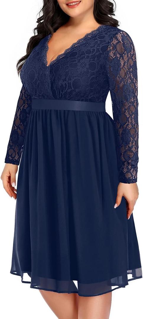  !Women Plus Size Wedding Guest Dresses Cocktail Black Wrap Lace Fall Formal Long Sleeve Knee Length Evening Party Dress, Size 16W