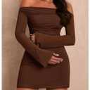 SOLY HUX Women's Ruched Off The Shoulder Bodycon Mini Dress Long Sleeve Party Dresses Plain Brown XX-Large (Brown, XXL)