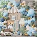 150Pcs Dusty Blue Green Balloon Garland Kit, Macaron Blue Sand White Gold Balloons Arch for Baby Shower Jungle Safari Woodland Birthday Bear Theme Party Decorations