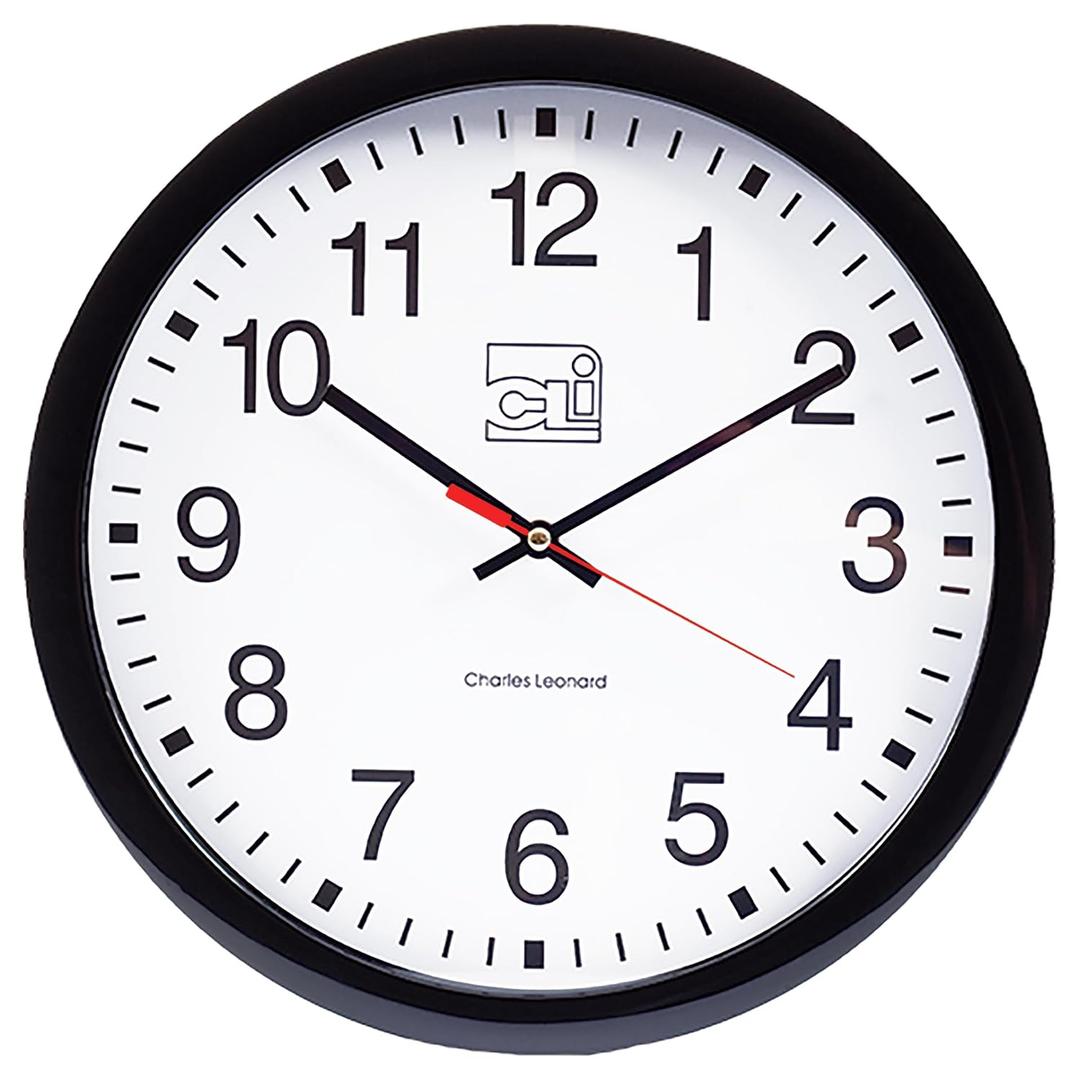 Charles Leonard Round Wall Clock, 14 Inch Thinline Quartz with 12 Inch Dial, Analog with Second Hand, Black/White (76820)