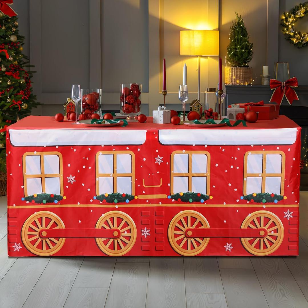 Oudain 6ft Christmas Tablecloth Train Shaped Washable Tablecloth Christmas Party Supply Decorative Holiday Table Covers Red and White Decor for Kitchen Party Dining Table Decor