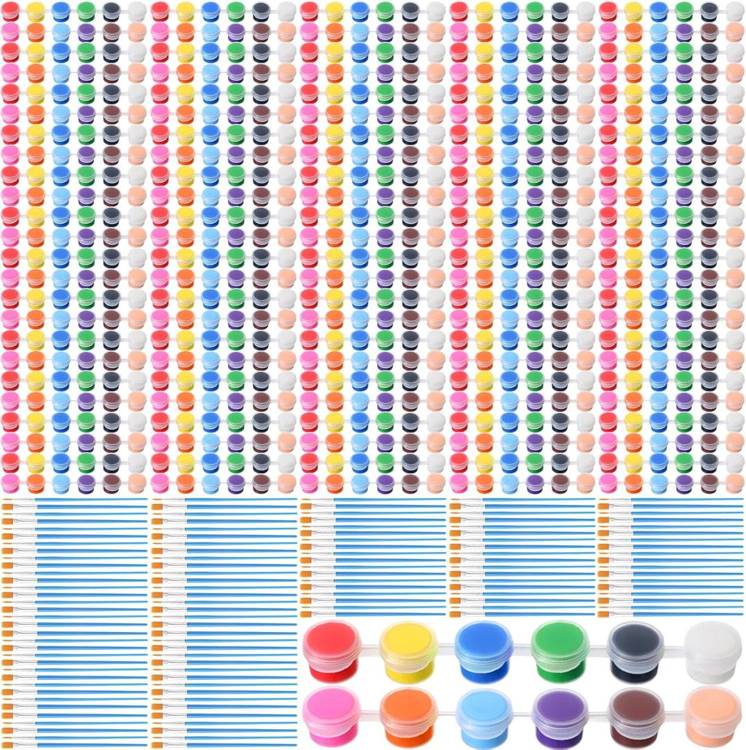 Qilery 840 Pcs Mini Acrylic Paint Set 60 Set 12 Colors Washable Paint Strips 60 Pcs Flat Brushes 60 Pointed Brushes for Arts Crafts Birthday Party Favors(2 ml)