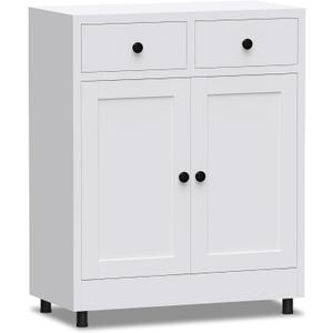Metal Storage Cabinet with 2 Drawers and Adjustable Shelf, Sideboard Buffet Cabinet for Home, Office, Hallway, Entryway, Living Room, Kitchen Pantry and Dining Room (White), 34.8"H
