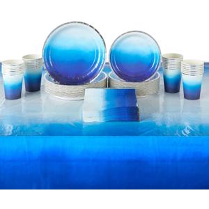 Sparkle and Bash 202 Pieces Ombre Royal Blue Party Decorations - Serves 50 Blue and Silver Birthday Party Supplies with Paper Plates, Napkins, Cups and Tablecloths - Paper Plate