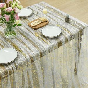 Horaldaily Beige Gold Gauze Tablecloth 60x120 Inch Rectangular, Golden Sequin Glitter Metallic Foil, Sheer Tulle Cheesecloth for Wedding Baby Shower Ceremony Birthday