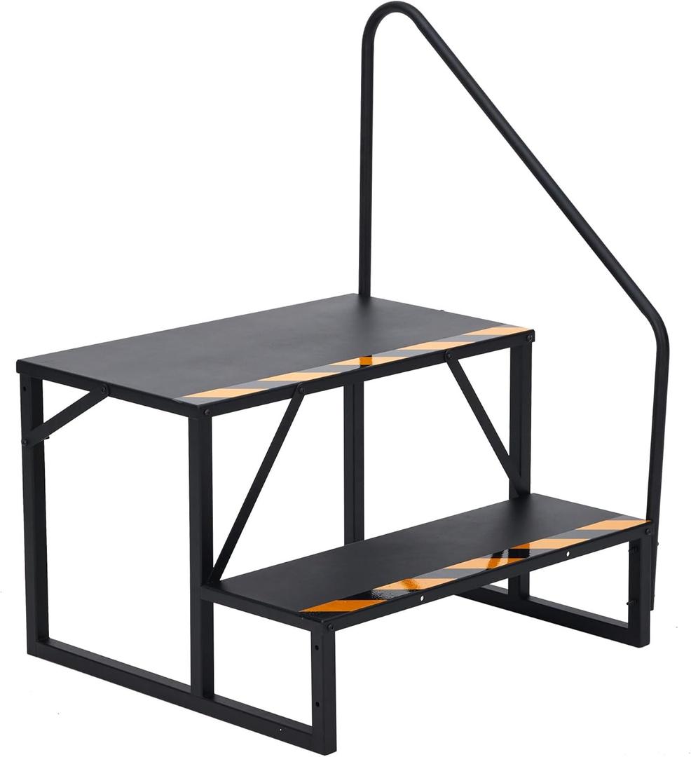 2 Step RV Steps with Handrail, Heavy Duty Portable Stairs for Travel Trailer & Camper | Hot Tub Steps, Outdoor Stairs with Non-Slip Treads & Anti-Skid Tapes, Black Powder Coated Steel