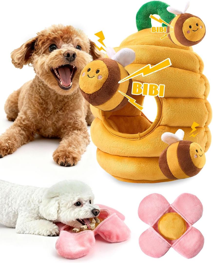 BurgeonNest Dog Toys for Small Dogs,Interactive Plush Squeak Puzzles Chewers to Keep Them Busy,1 Beehive 3 Squeaky Bees,2 Treat Petals,Puppy Xmas Present
