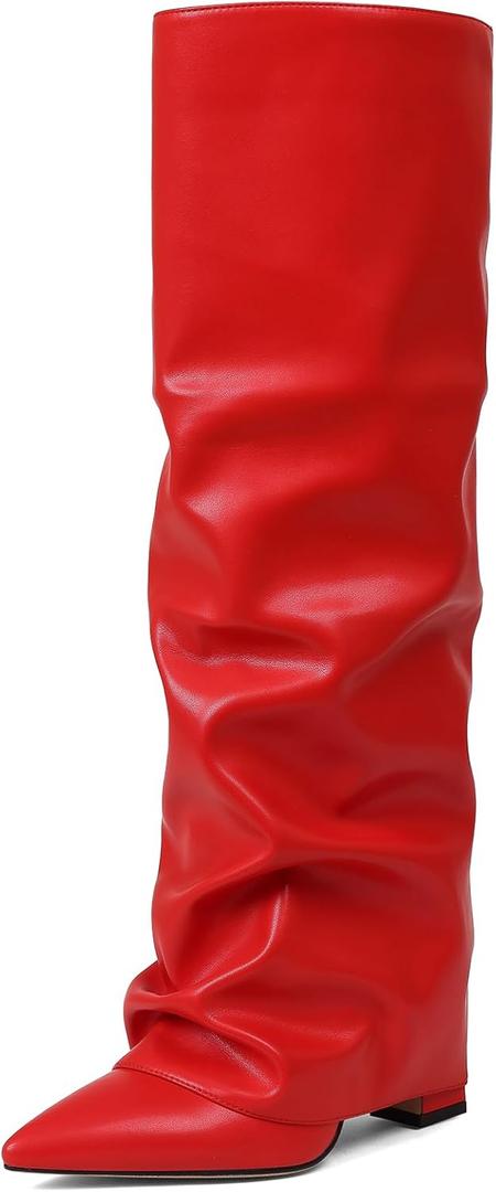 Synchoiss Womens Knee High Boots Wide Calf Chunky High Heel Boots Fashion Fold Over Boot Pointed Toe Winter Fall Tall Boots for Women Pull on Trendy (6)